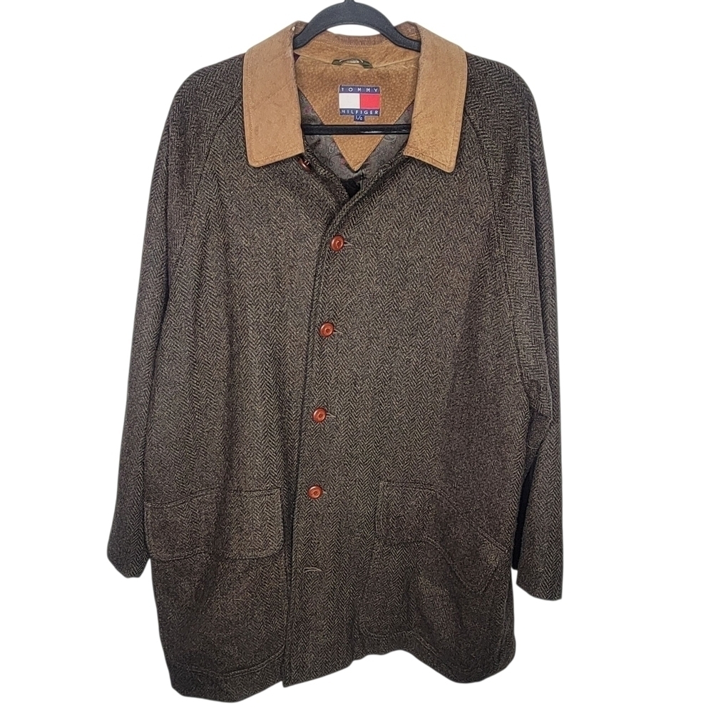 Vintage 90s Tommy Hilfiger Mens Wool Tweed Leather Overcoat Size Large in Brown